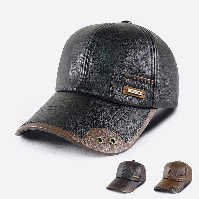 Baseball Cap Structured - หมวกเบสบอลหนัง PU สไตล์เรโทรสำหรับผู้ชาย หมวกแก๊ปฤดูใบไม้ร่วงฤดูหนาว หมวกขับรถสำหรับวัยกลางคน สีน้ำตาล