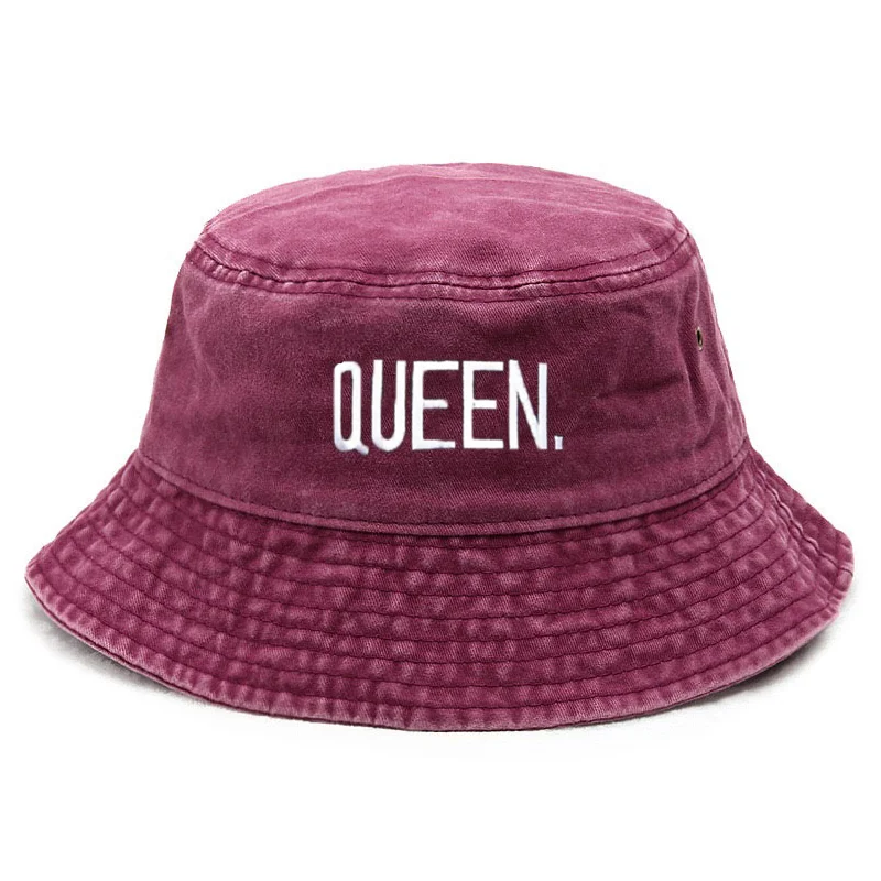 Bucket Hat Cotton - หมวกบักเก็ตวินเทจแบบควีนวอช ปรับแต่งได้ หมวกปักลายตัวอักษรคู่รัก สไตล์ฮิปฮอป หมวกแฟชั่นผ้าฝ้ายสำหรับกิจกรรมกลางแจ้ง หมวกตกปลา