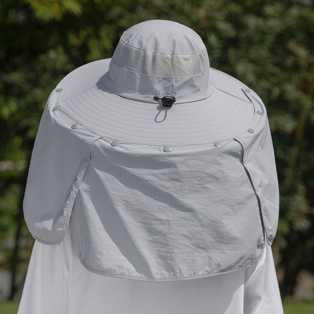 Bucket Hat Cotton - หมวกกันแดดผ้าเรียบง่ายสำหรับผู้ชาย พร้อมผ้าคลุมคอถอดได้ หมวกปีกกว้างสำหรับผู้หญิงพร้อมสายคล้องคอ ป้องกันรังสียูวี หมวกทรงบักเก็ตสำหรับฤดูร้อนและชายหาด