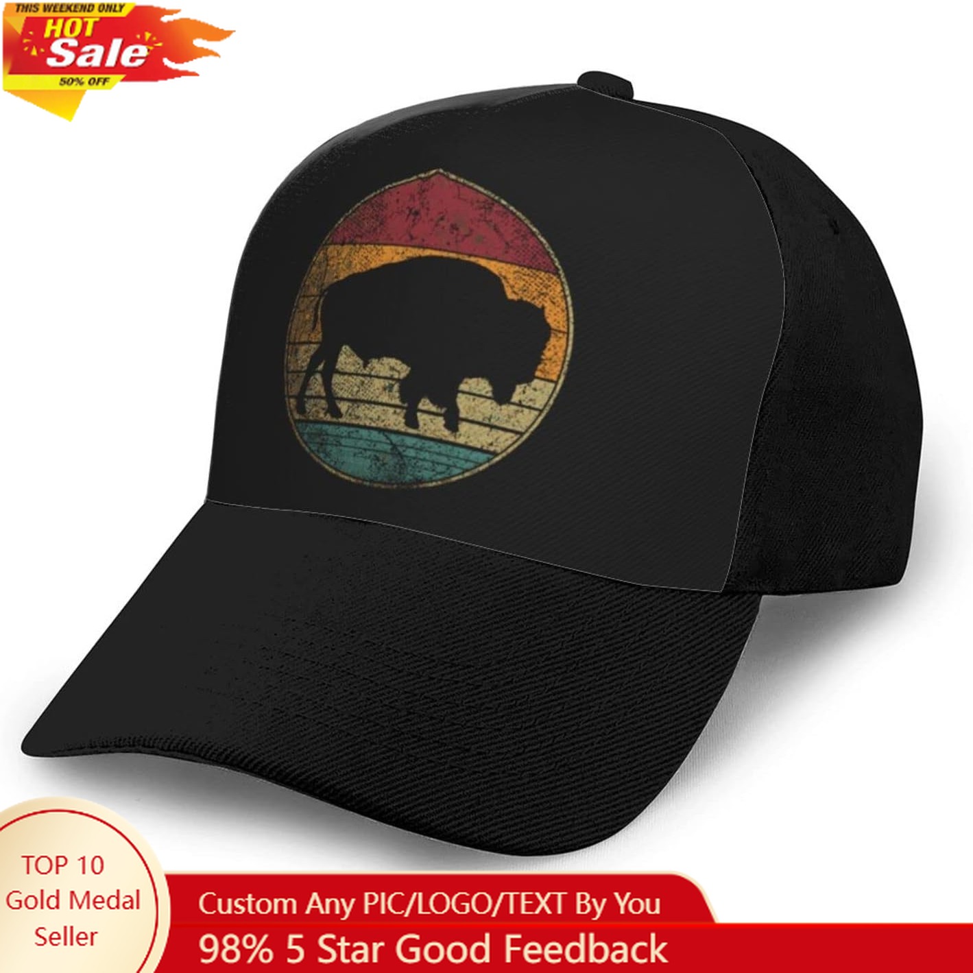 Golf Cap Dad - หมวกเบสบอลวินเทจสไตล์เรโทรลายควายบัฟฟาโล ของขวัญสำหรับคนรักสัตว์ หมวกแก๊ปสีดำสำหรับผู้ชาย ใส่วิ่ง ตีกอล์ฟ หมวกทรงทรัคเกอร์
