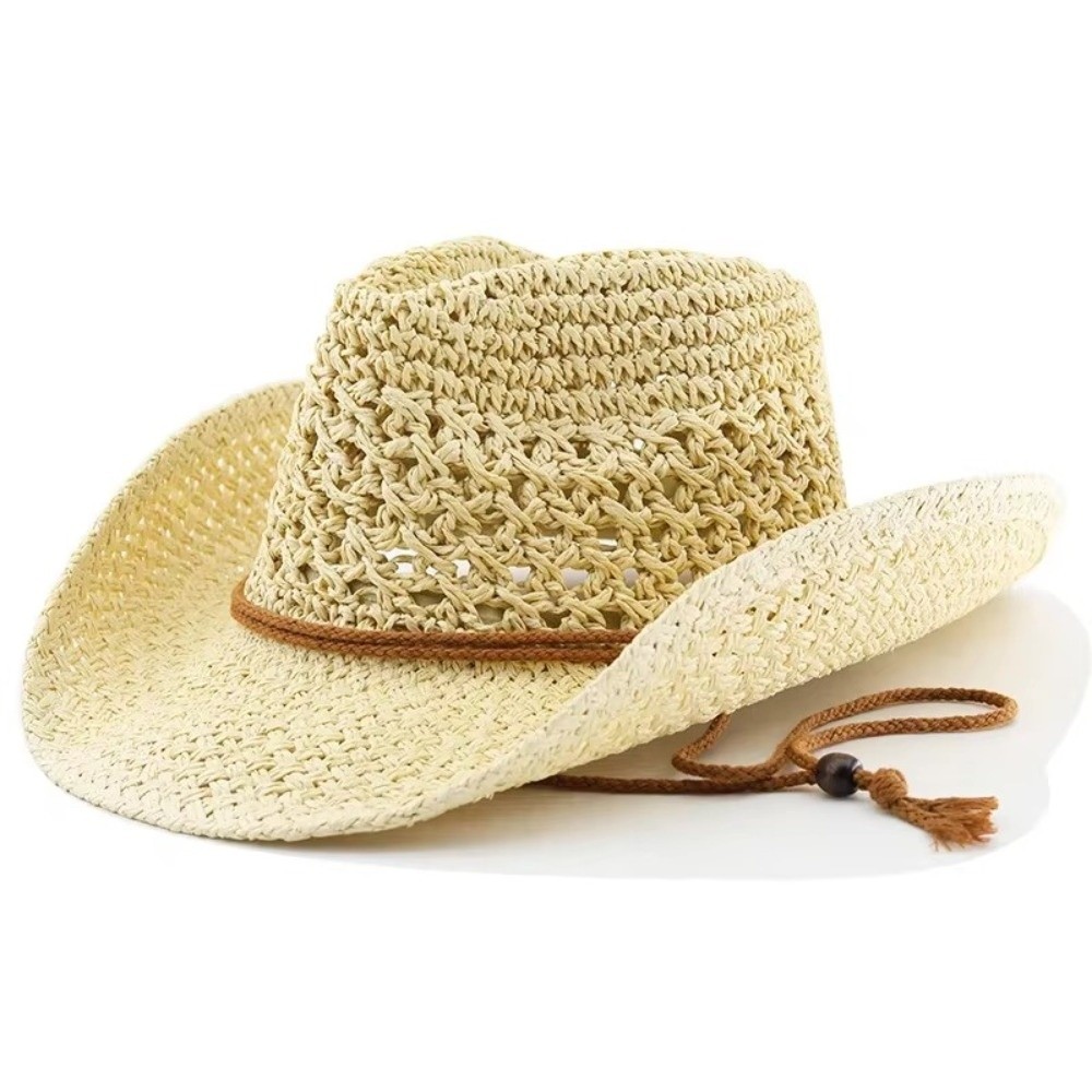 Cowboy Hat Straw - หมวกสานปีกกว้างสไตล์เรโทร ป้องกันแสงแดด สีพื้น แบบชนเผ่า หมวกคาวเกิร์ล ระบายอากาศได้ดี