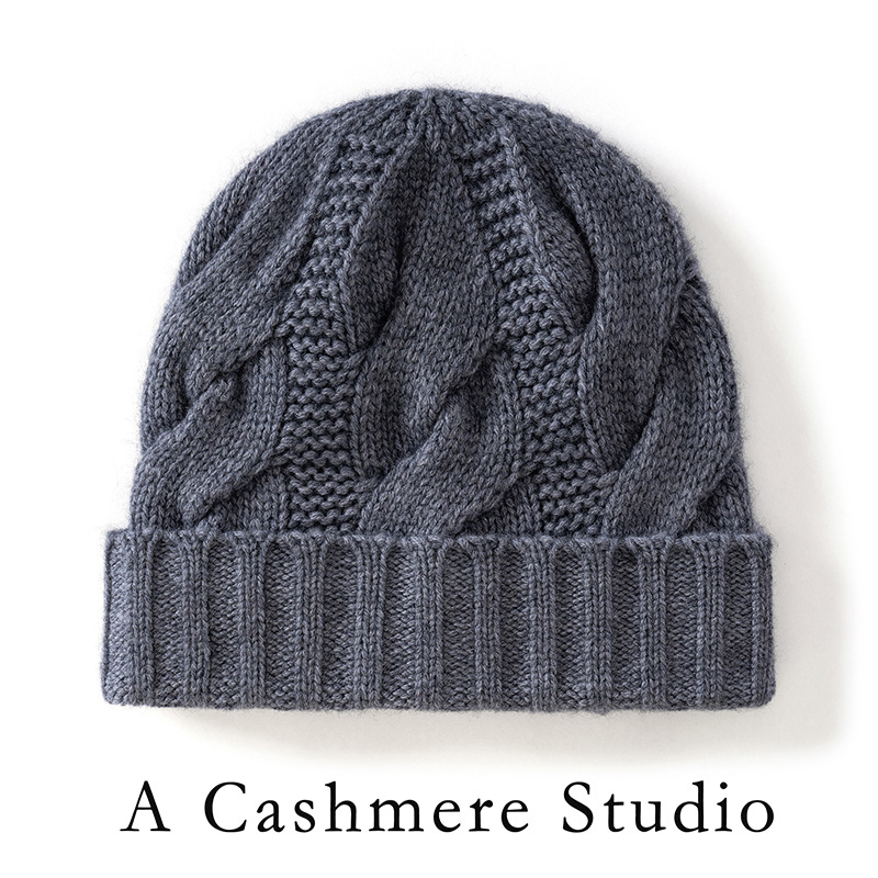 Beanie Cuffed Knit - หมวกบีนนี่ไหมแคชเมียร์แท้สำหรับผู้หญิงและผู้ชาย แบบถักลายบิดเกลียวสีพื้น สำหรับฤดูหนาว ให้ความอบอุ่นและหนา