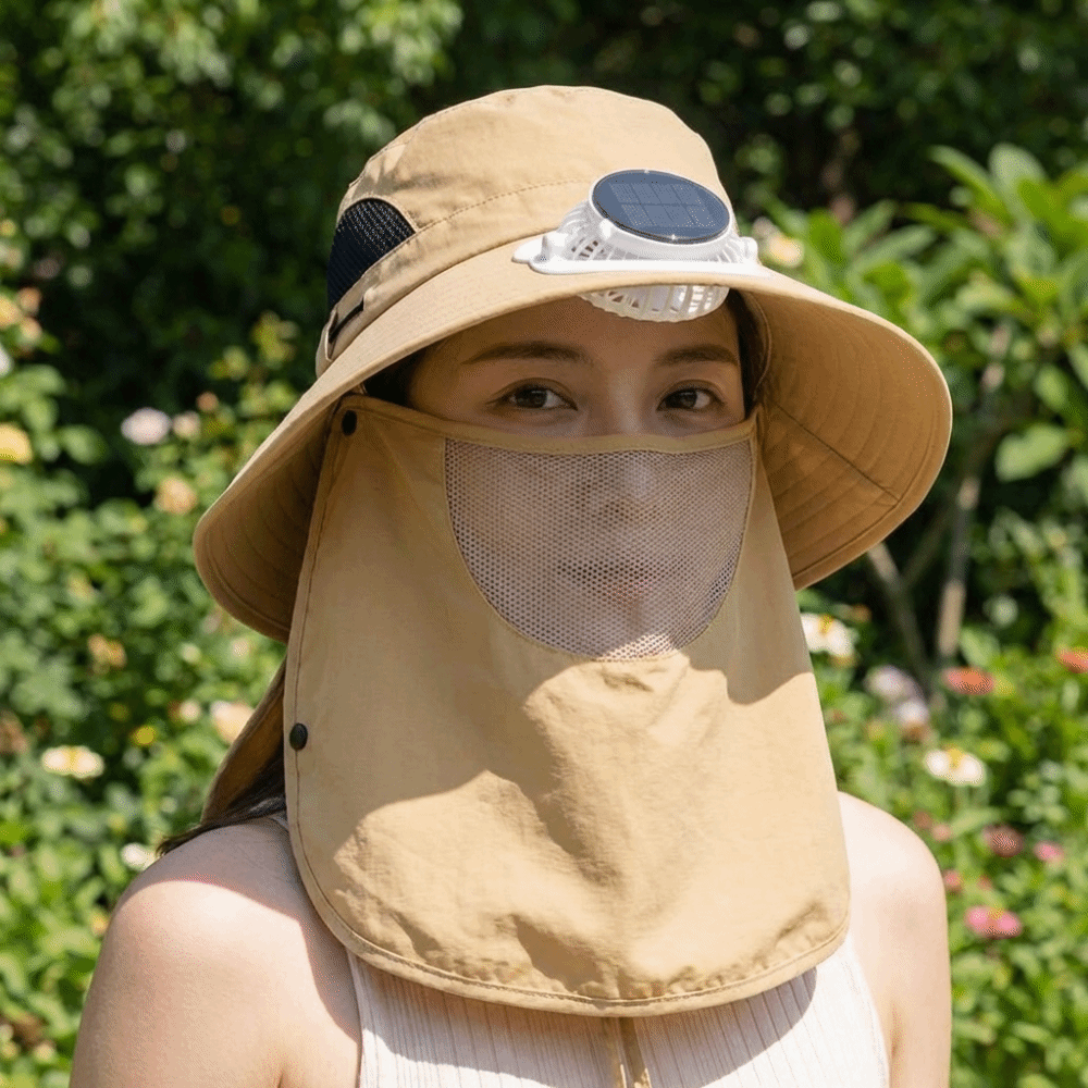Sun Hat Wide Brim - หมวกพัดลมพลังงานแสงอาทิตย์แบบพกพา ปรับได้ พร้อมที่ปิดหน้า หมวกกันแดดสำหรับตกปลา ใช้งานได้ยาวนาน 1000mA