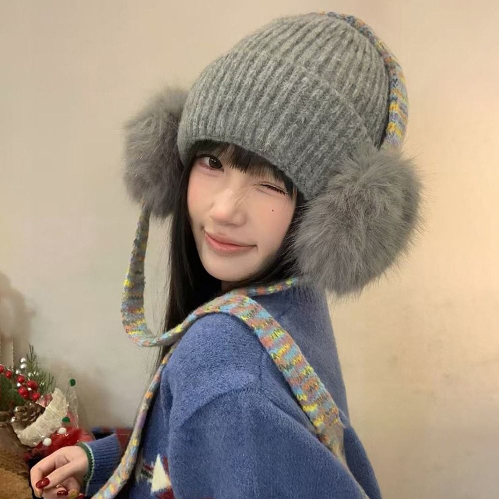 Beanie Cuffed Knit - หมวกบีนนี่ไหมพรมแบบย้อนยุค มีที่ปิดหู ขอบพับได้ อุ่นสบาย บุขนแกะ เหมาะสำหรับผู้หญิง